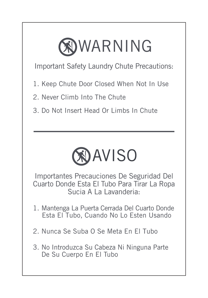 Hyatt Place 2019 Paper Insert - Warning Important Safety Laundry Chute Precautions