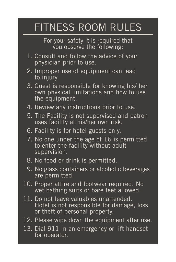 Hyatt House Fitness Center Rules —