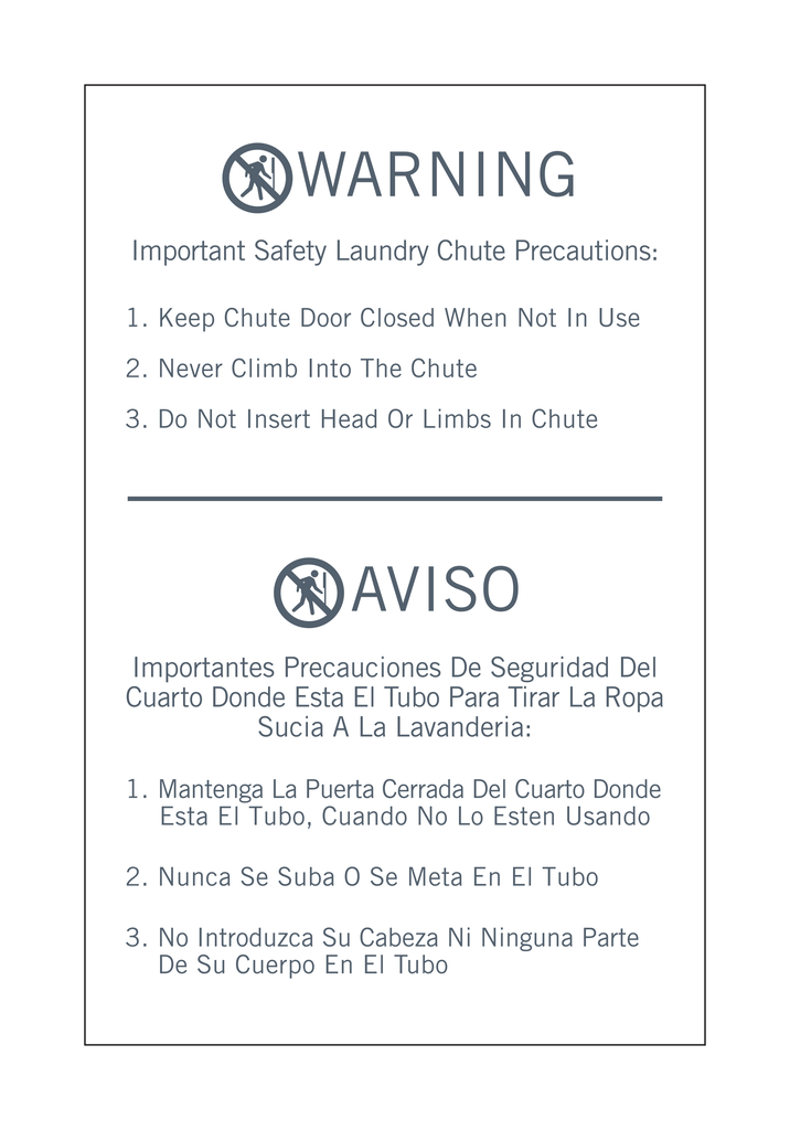 Hyatt House Paper Insert — Warning Important Safety Laundry Chute Precautions