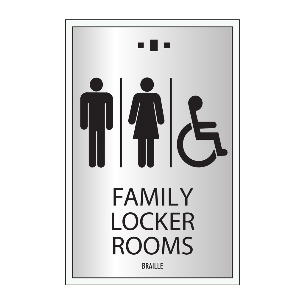 Marriott 3 Line Restroom ID Sign - Unisex Accessible Family Locker Rooms (Silver Face)