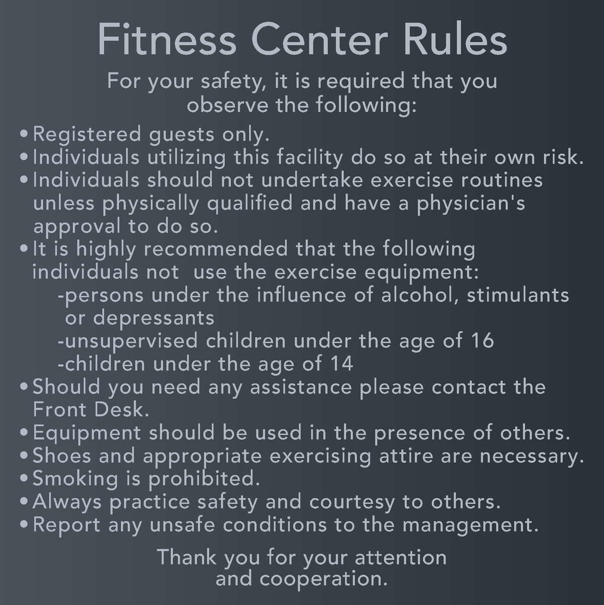 Delta Hotels Fitness Center Rules Sign