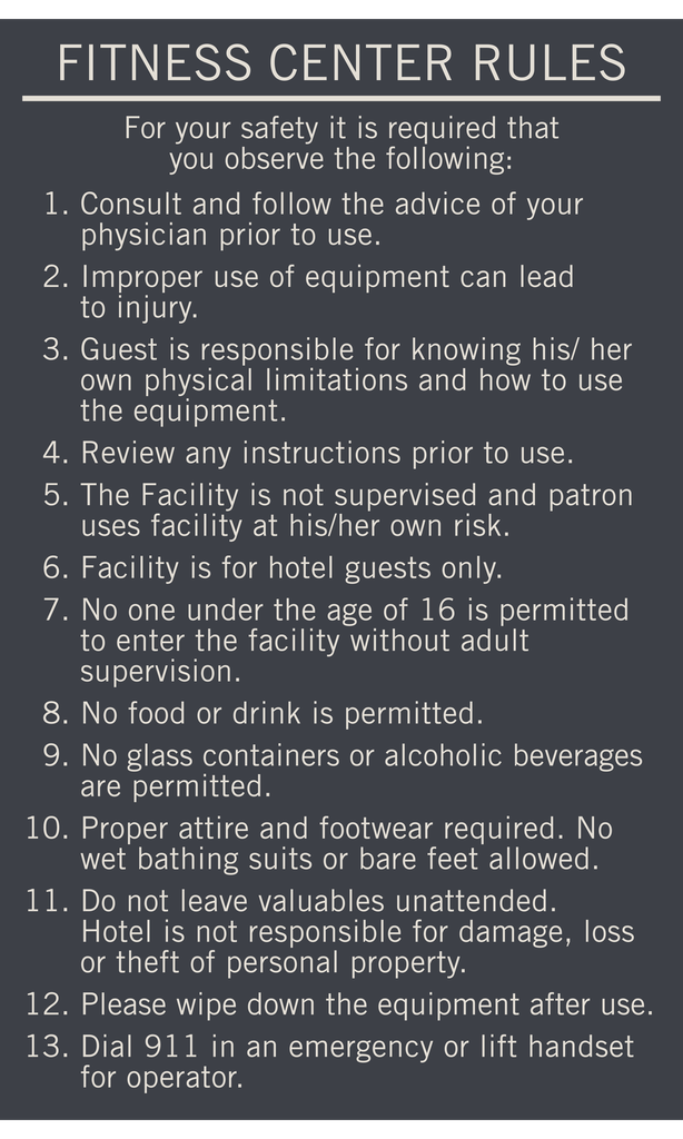 Hyatt Place 2019 Fitness Center Rules